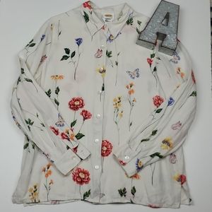 Talbots Linen Floral Long Sleeve Collared Shirt